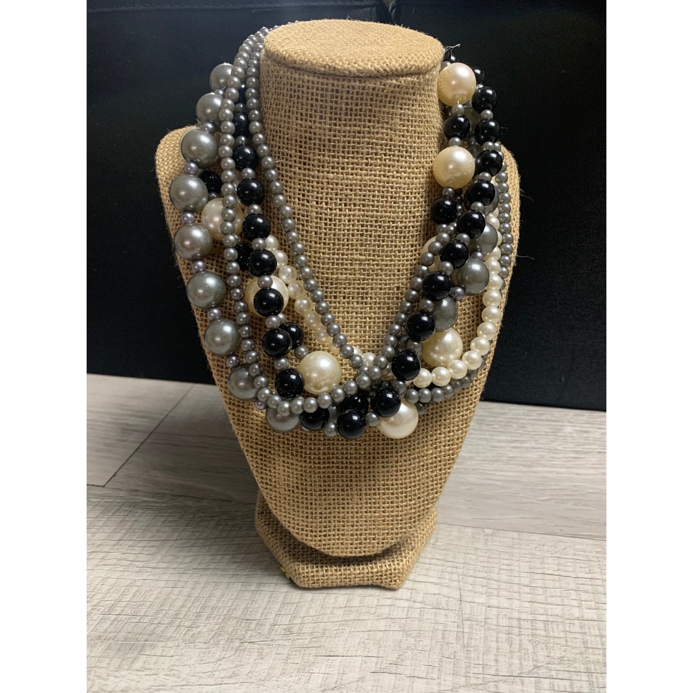 Multi Strand Faux Pearl Statement Necklace Black Grey Cream Chunky 16in